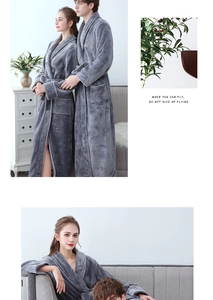 Close-up of thick grey flannel bathrobe featuring white contrast cuffs and plush texture