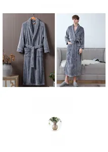 Detail view of dark grey flannel robe with shawl collar and white contrast piping