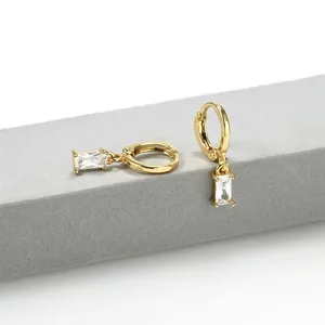 Minimalist Copper Rectangle Zirconia Pendant Hoop Earrings Gold Electroplated Inlaid Clear Stone Dangle Earrings For Women