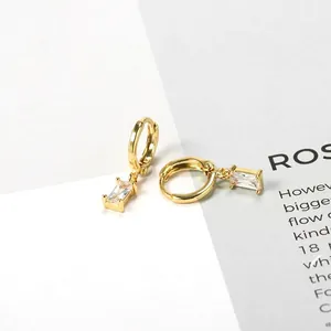 Elegant gold hoop earrings featuring a rectangular emerald-cut zircon drop pendant