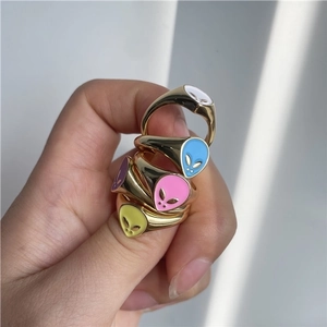 Colorful enamel alien face rings in gold plated finish with sparkling zircon accents
