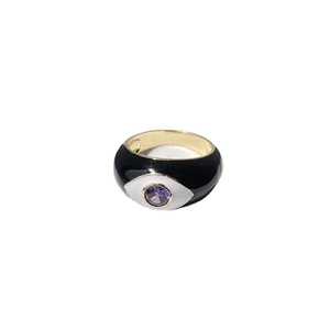 Gold-plated ring featuring black and white enamel eye design and purple zircon stone