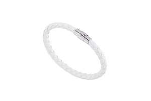 Detail of white braided leather bracelet featuring a silver magnetic clasp closure