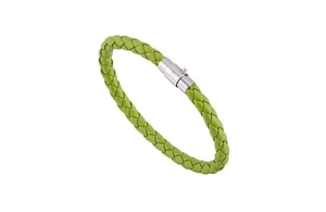 Close-up of green braided leather bracelet with a polished silver magnetic clasp