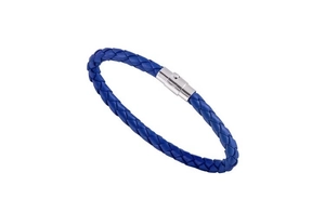 Detail of blue braided leather bracelet with silver magnetic clasp and minimalist design