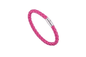 Detailed view of pink braided leather bracelet with a silver magnetic clasp closure