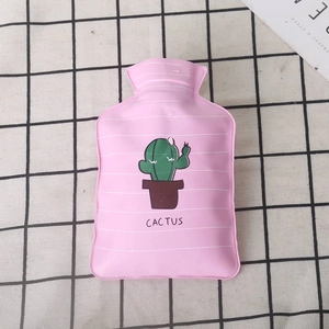 Close-up of pink mini PVC hot water bottle featuring a cute cartoon cactus design