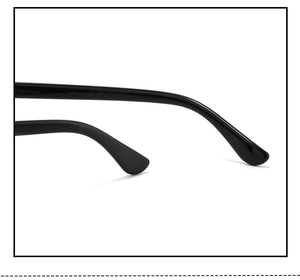 Detail of glossy black oval sunglasses arm tip showing smooth finish and ergonomic curve