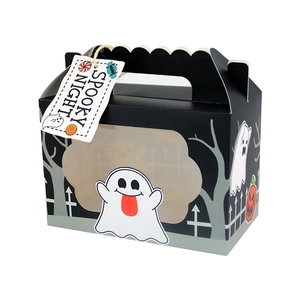 Halloween gift box featuring a spooky ghost and pumpkin design with a clear window