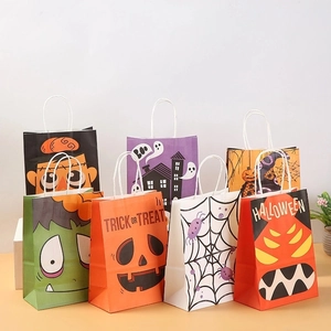 Halloween Gift Bags Kraft Paper Handle Trick Or Treat Candy Bags Cartoon Party Favors Festive Decorative Handheld