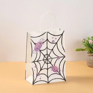 Halloween kraft paper gift bag with purple spider and black web print on white base