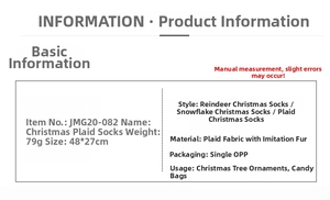 Detail view of 48x27cm Christmas stockings featuring plaid fabric and faux fur trim