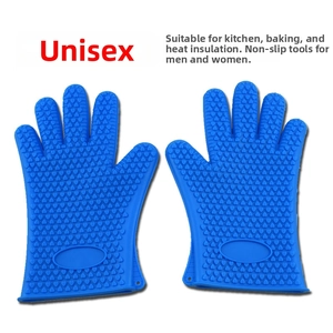 Macro detail of blue silicone oven mitt showing non-slip heart texture and 5-finger design