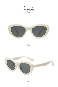 Front and side view of retro beige cat eye sunglasses with grey lenses for a chic look
