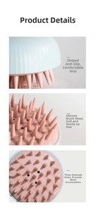 Detail of soft silicone bristles and non-slip handle on hair scalp massage brush