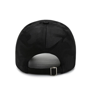 Rear view of black camouflage baseball cap with adjustable metal buckle strap