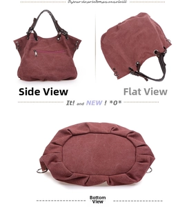 Detailed views of the burgundy canvas tote bag showing its side profile and flat base