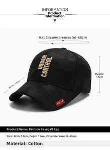 Detail view of black cotton baseball cap with gold embroidery and size information specs