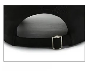 Close-up of black baseball cap rear showing adjustable metal buckle and breathable fabric