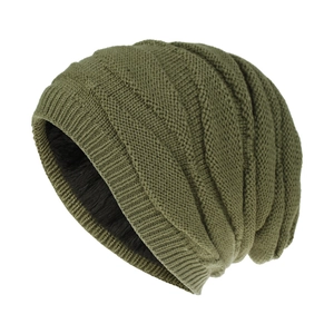 Olive green knitted beanie for men and women with warm fleece lining and spiral texture