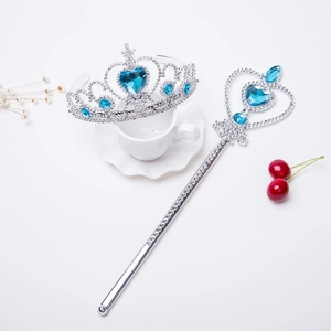 Kids silver princess tiara and blue heart magic wand set for roleplay costumes