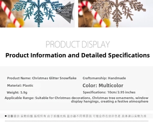 Detailed view of a 10cm glittery snowflake ornament with specific size and weight data