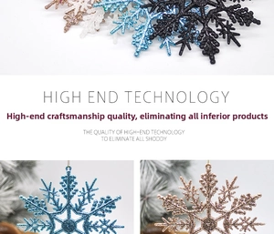 Macro shot of 10cm glitter snowflake ornaments in blue, rose gold and white colors
