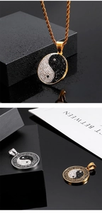 Detailed view of Yin Yang Ba Gua pendant with zircon inlay and relief pattern on a chain