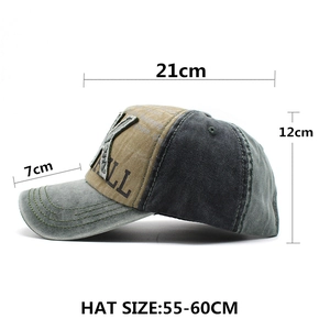 Detail view of vintage cotton baseball cap featuring embroidered K patch and dimensions