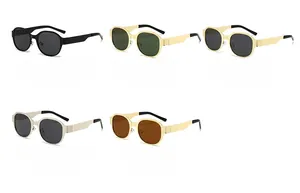 Macro shot of oversized retro sunglasses showing various metal frames and lens color options