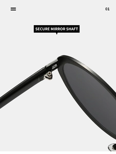 Macro view of the reinforced metal hinge and screw on black oval sunglasses
