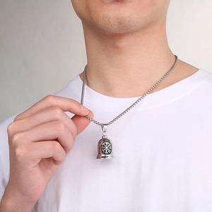Silver Viking Vegvisir bell pendant with steel box chain for men on model