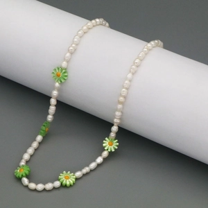 Vintage freshwater pearl necklace with colorful daisy floral charms for women