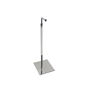 L-shaped silver metal handbag display stand with a stable square base on white background
