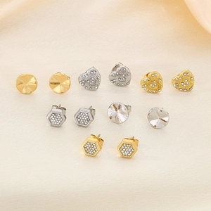 6 pairs set of stainless steel earrings with ginkgo leaf and cross diamond studs