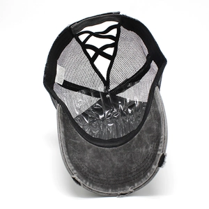 Washed dark grey ponytail baseball cap with elastic crisscross back and mesh design