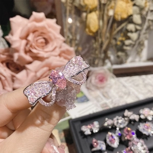 Pink heart bow ring with 18K silver plating and sparkling Asscher pink zircon stones