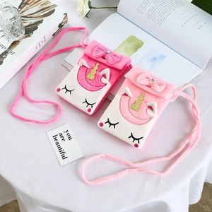 Cute pink plush unicorn crossbody bag for girls with golden horn and bow decoration
