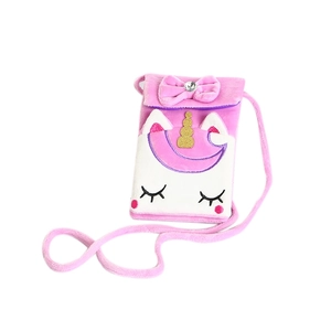 Pink plush unicorn crossbody bag for girls with golden horn and rhinestone bow detail