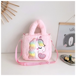 Pink plush unicorn handbag with rainbow mane embroidery and adjustable shoulder strap