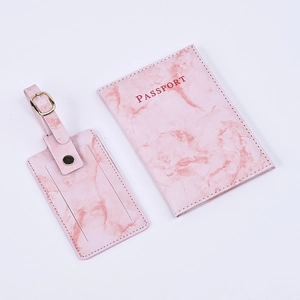 Pink marble texture PU leather travel set with passport cover and matching luggage tag
