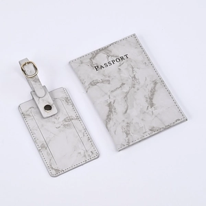Grey marble pattern PU leather travel set with passport cover and luggage tag
