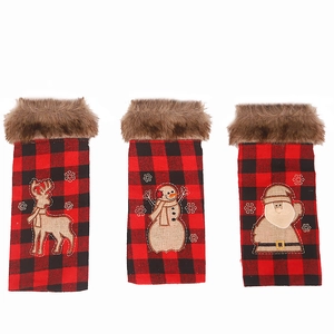 Christmas buffalo plaid wine bottle covers with gnome and reindeer faux fur collar trim