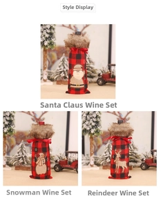 Detailed Christmas wine bottle covers featuring plaid fabric and festive embroidery