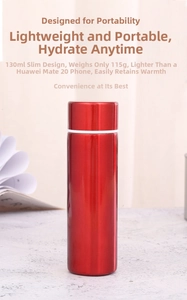 Detail view of red 130ml mini stainless steel vacuum flask with sleek metallic finish