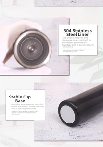 Detail of 304 stainless steel interior and non-slip base of a mini vacuum flask