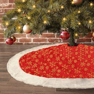 48 inch red Christmas tree skirt with golden snowflakes and white faux fur edge trim