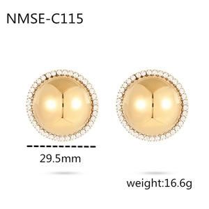18K gold plated stainless steel button earrings with sparkling white zircons, 29.5mm size