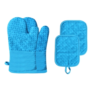 Blue heat-resistant silicone oven mitts and pot holders 4-piece set on white background