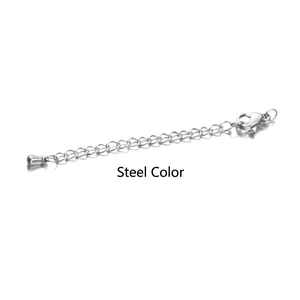 Detail of stainless steel extender chain with lobster clasp and teardrop charm